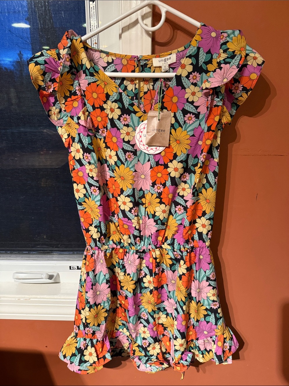 Size small Umgee Black Floral Short Sleeve Ruffle HemROMPER - Multicolor Flowers